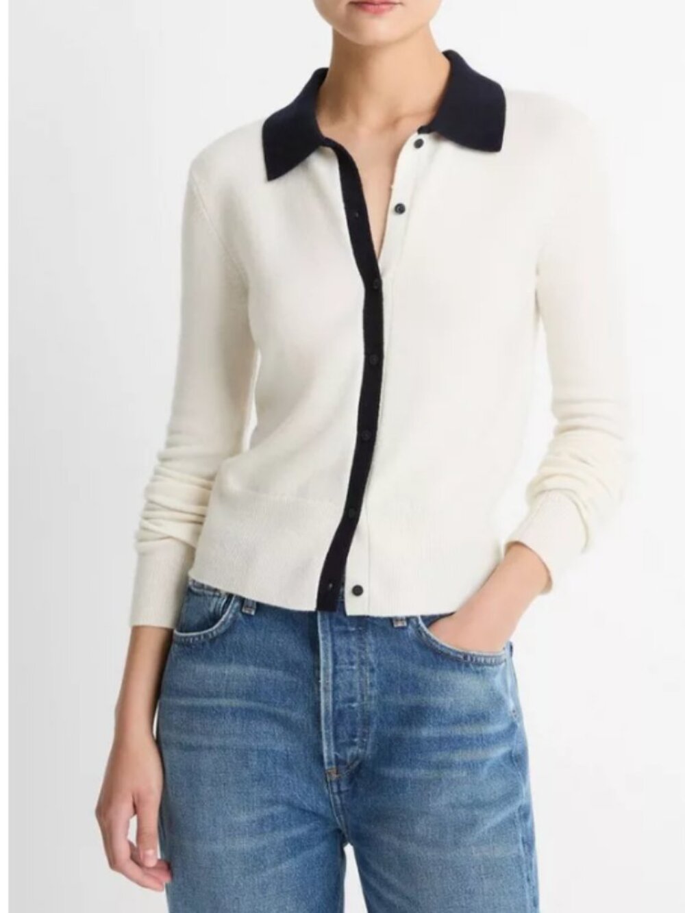 NWT Vince Contrast-Trim Wool & Cashmere Collared Cardigan